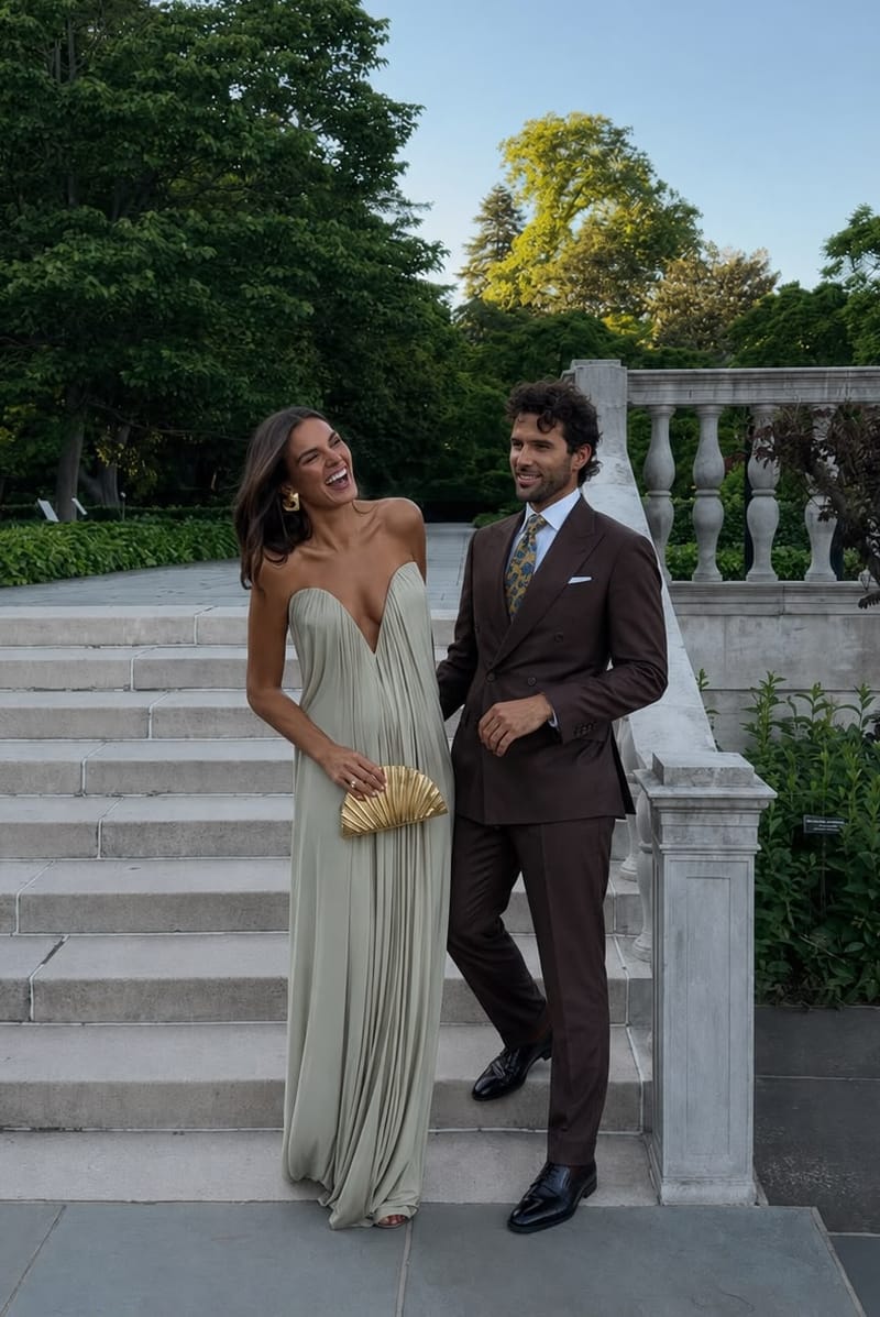 Couple in formal attire on stone steps
