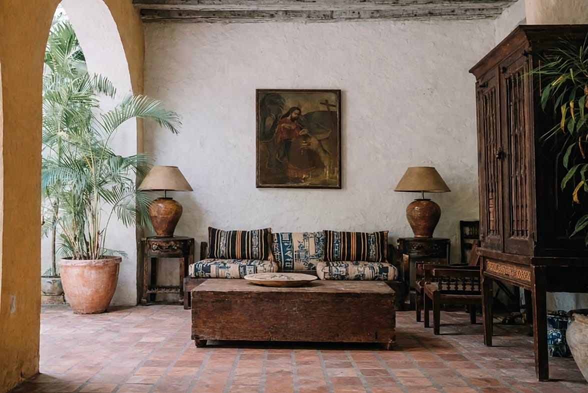 Colonial lounge interior with plants and antique furniture