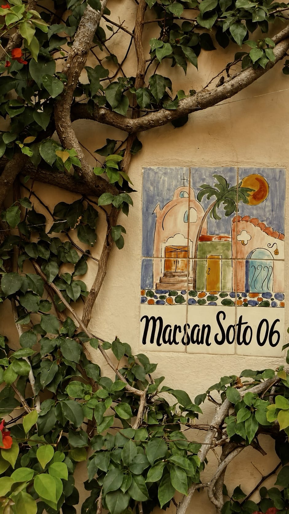 Bougainvillea over the Marsan Soto 06 tile mural in Copán