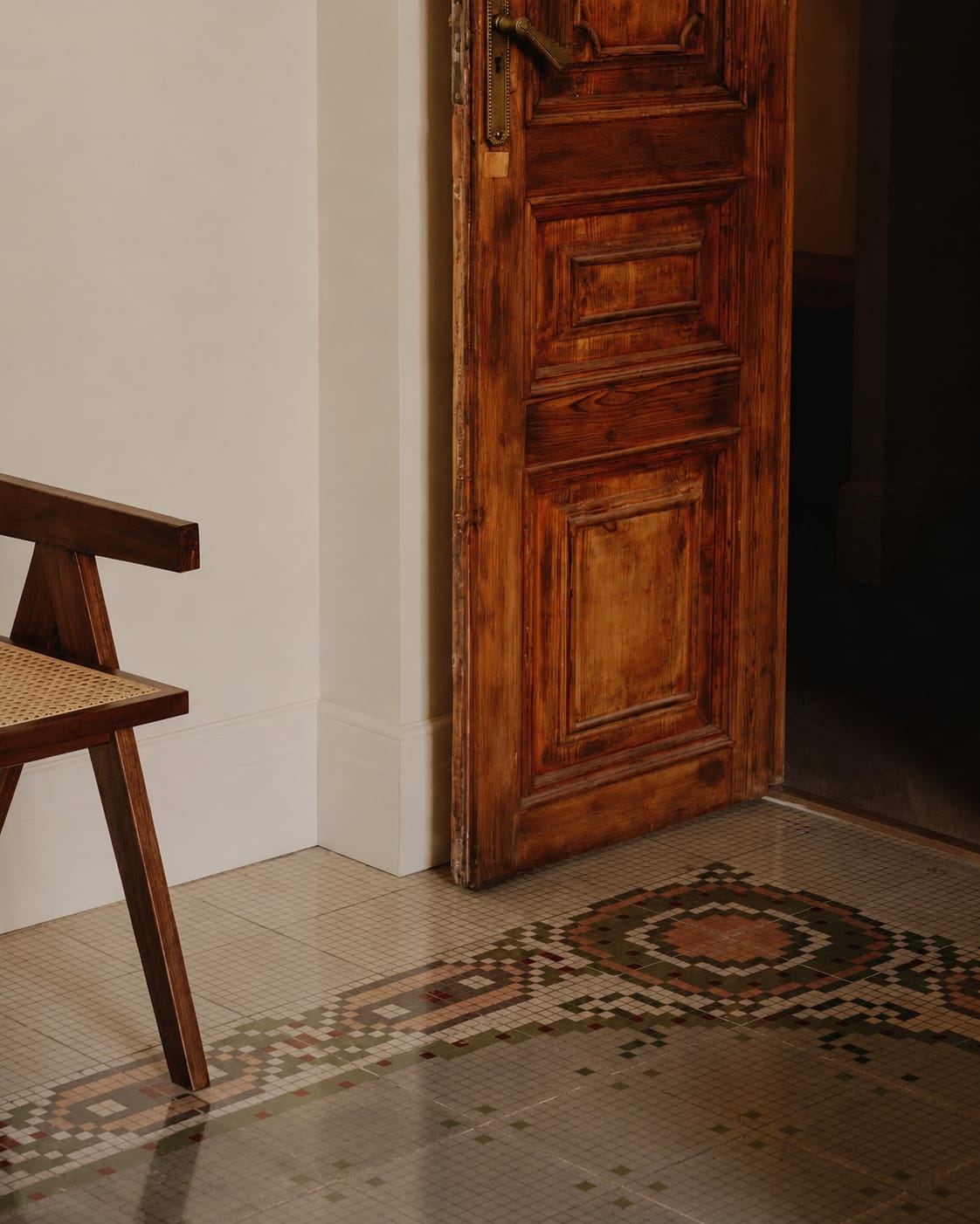 Old wooden door and tiled floor